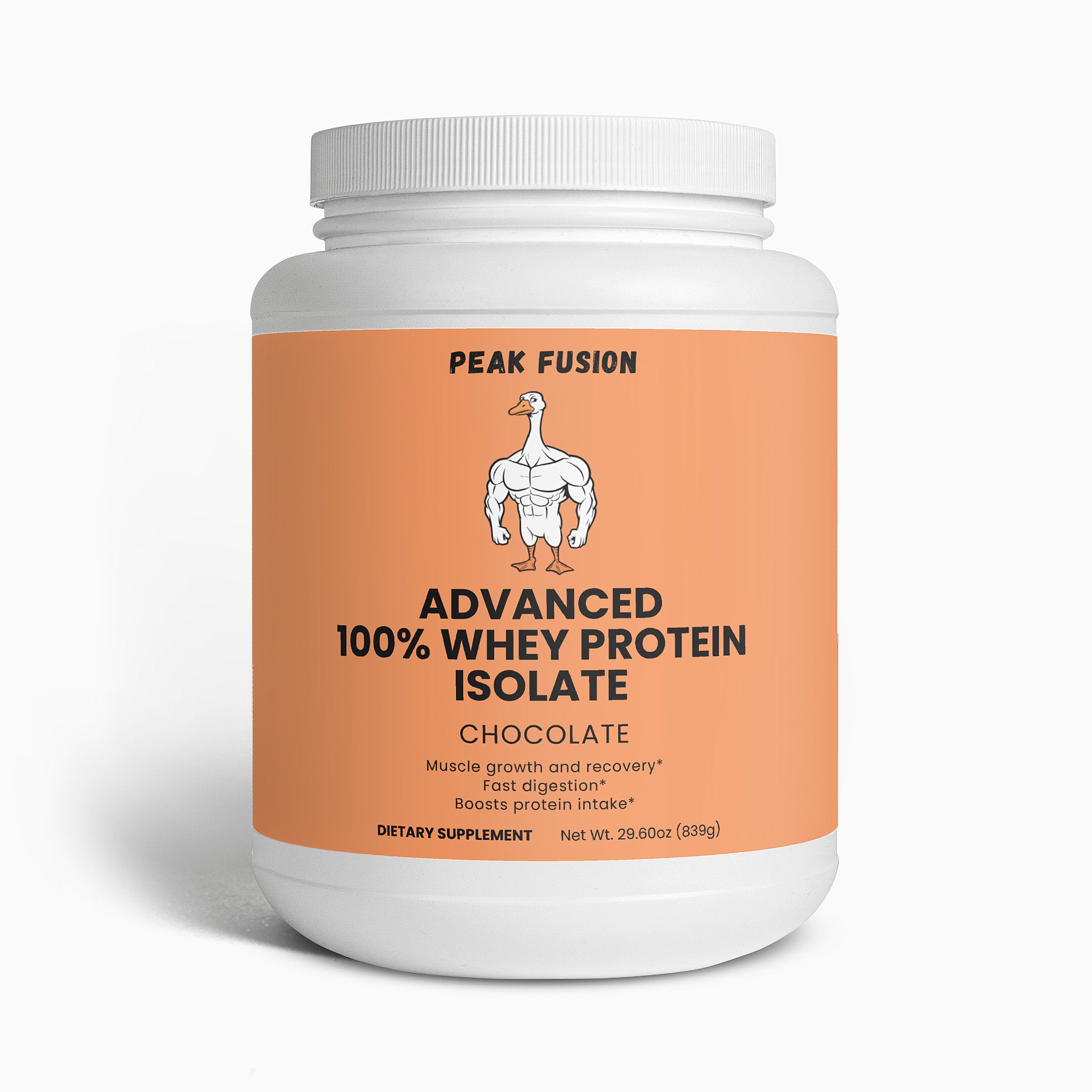 Peak Fusion Advanced 100% Whey Protein Isolate container on a white background