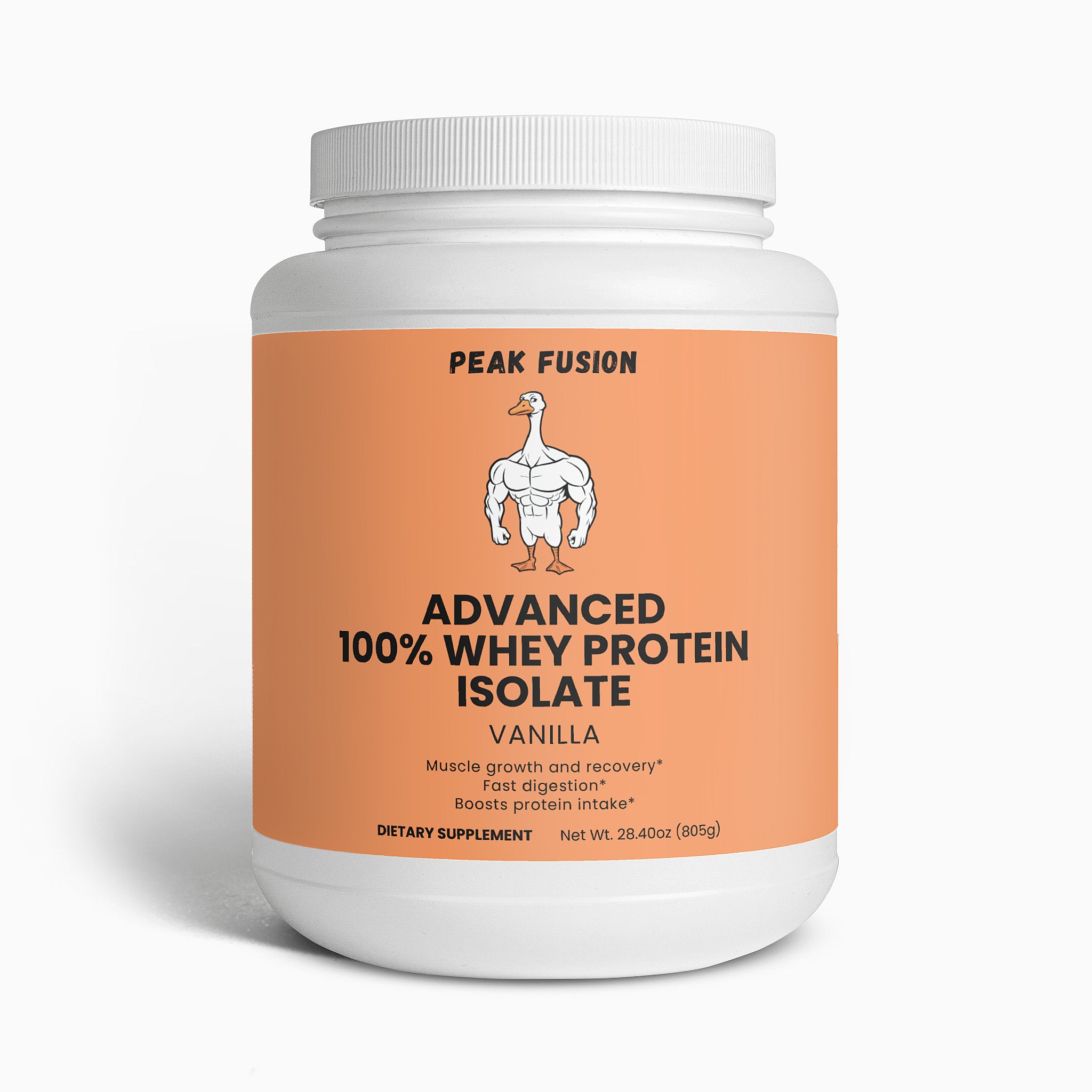 Peak Fusion Advanced 100% Whey Protein Isolate container on a white background