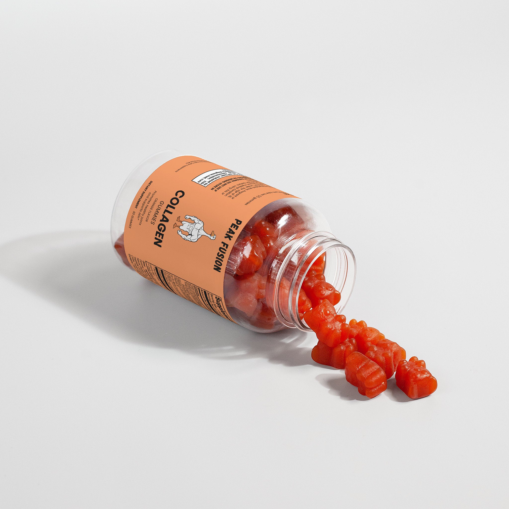 Bottle of red gummy bears with a label on a white background