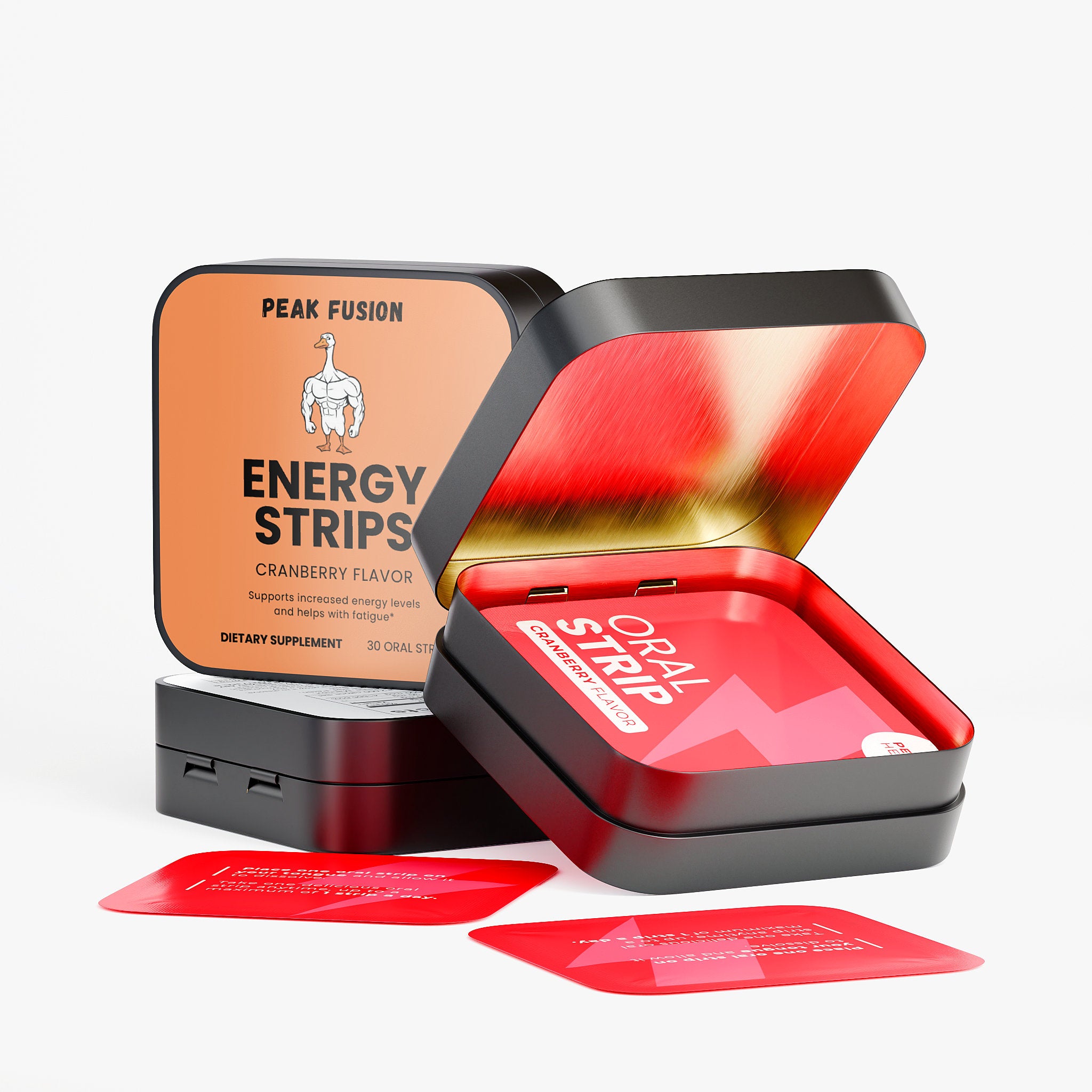 Peak Fusion Energy Strips packaging with red strips on a white background