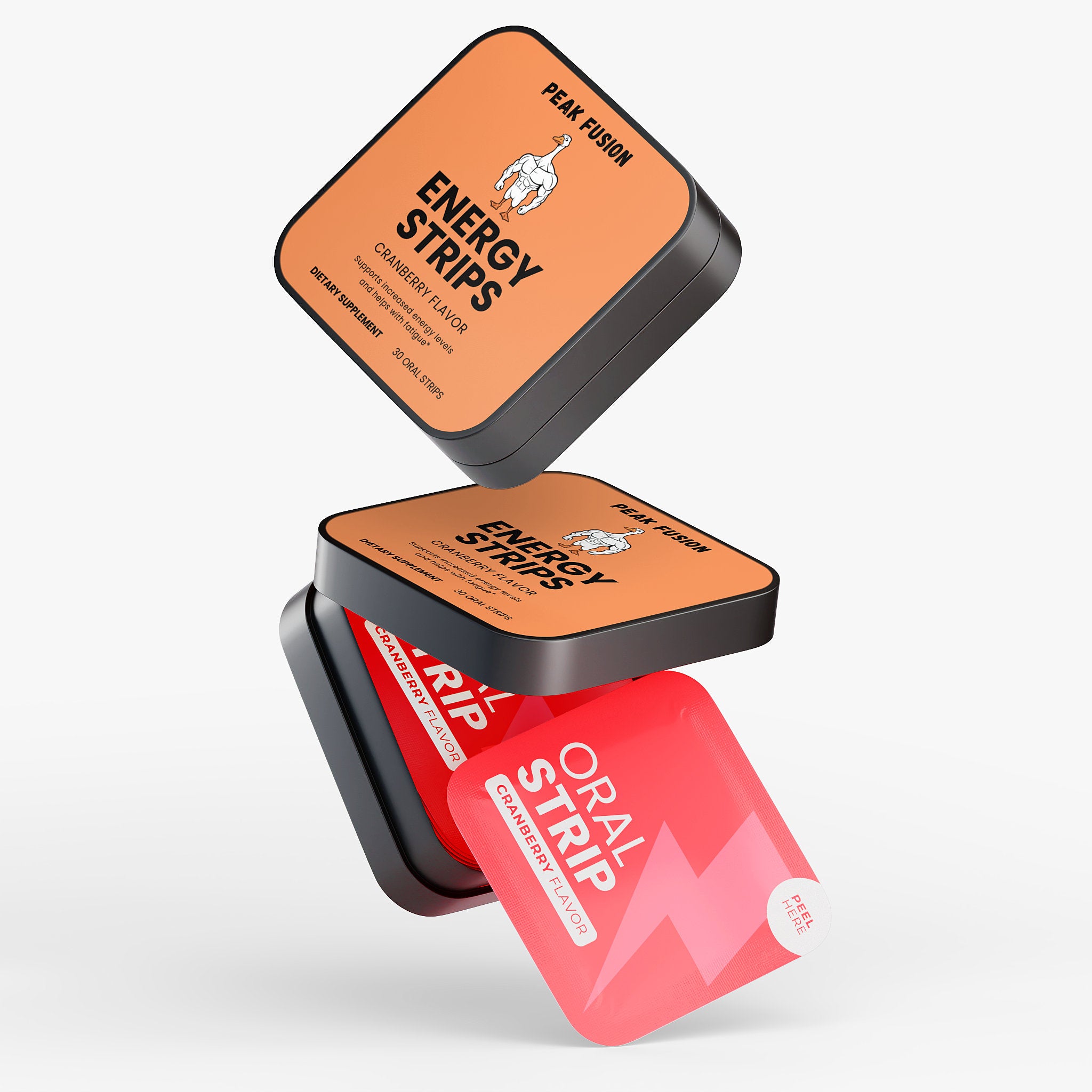 Two tins of Peak Fusion Energy Strips on a white background