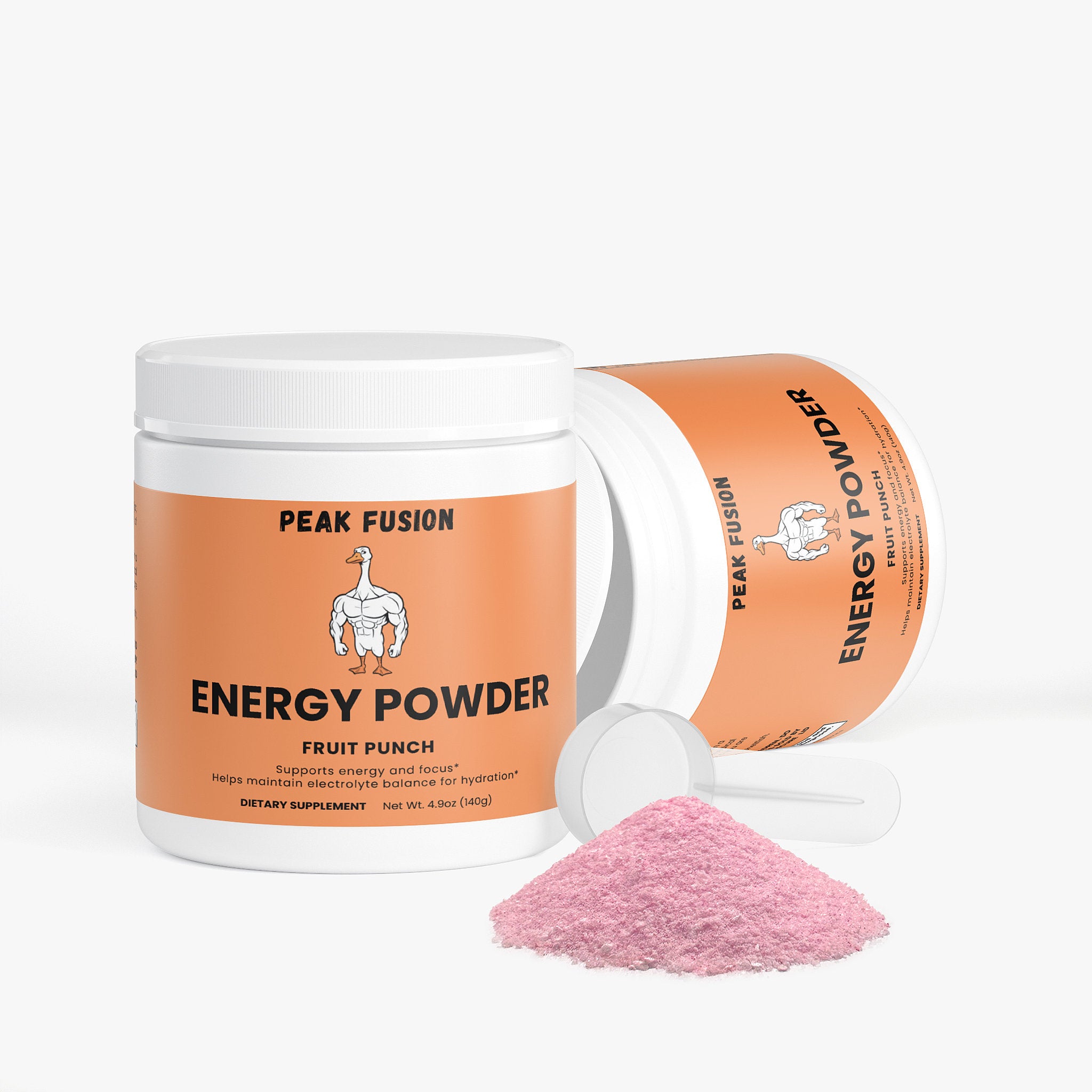 Peak Fusion Energy Powder container with scoop and powder on a white background