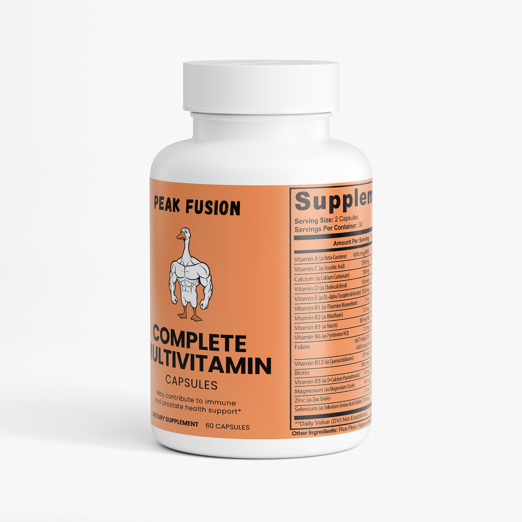 Supplement bottle labeled 'Peak Fusion Complete Multivitamin' on a white background