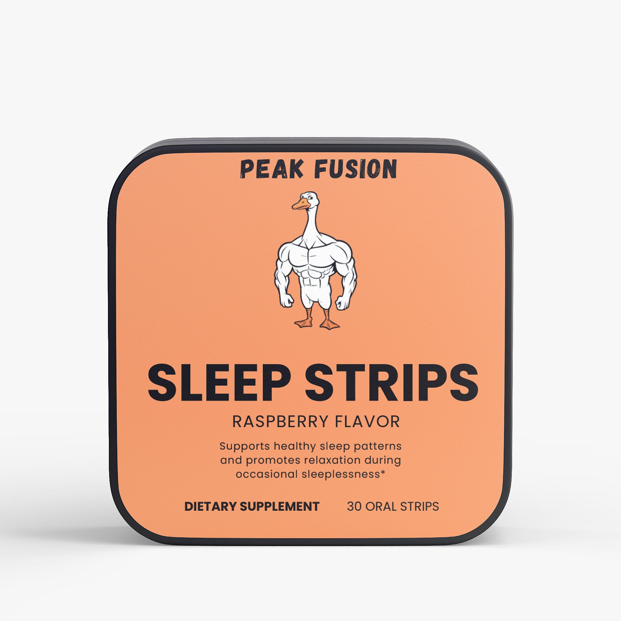 Packaging of Peak Fusion Sleep Strips with a cartoon duck illustration on an orange background.