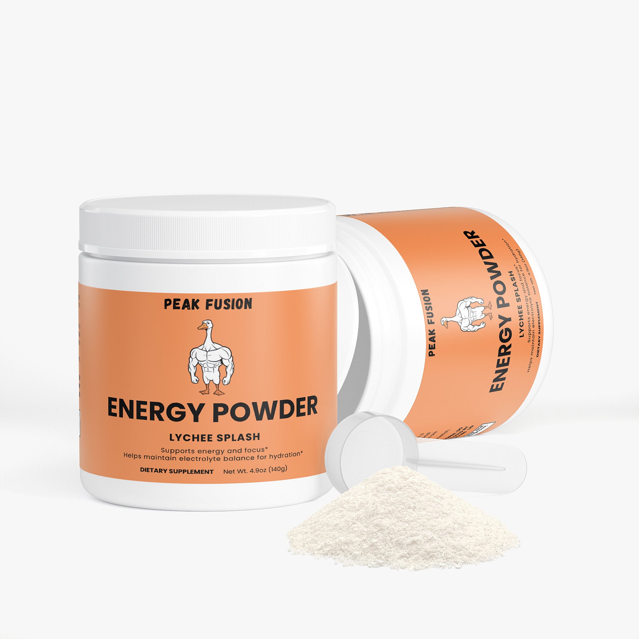 Peak Fusion Energy Powder container with scoop on a white background