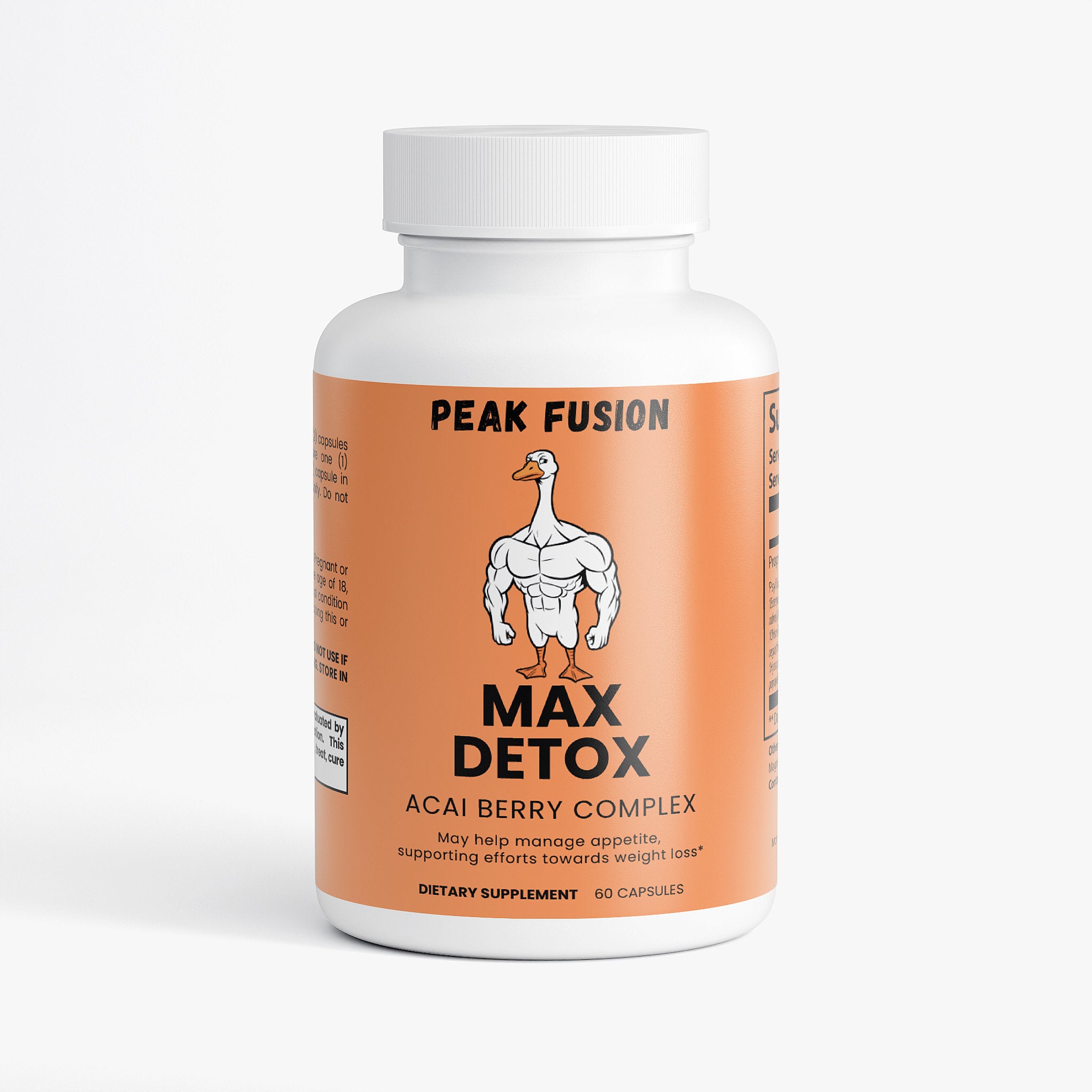 Supplement bottle labeled 'Peak Fusion Max Detox' on a white background