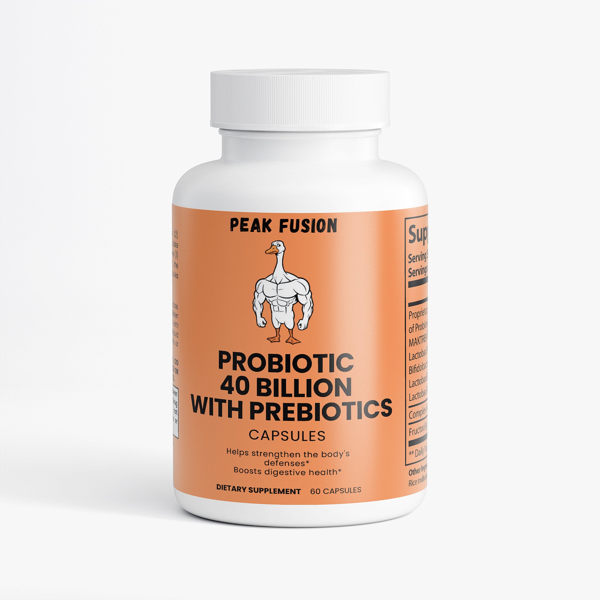 Supplement bottle labeled 'Peak Fusion Probiotic 40 Billion with Prebiotics' on a white background