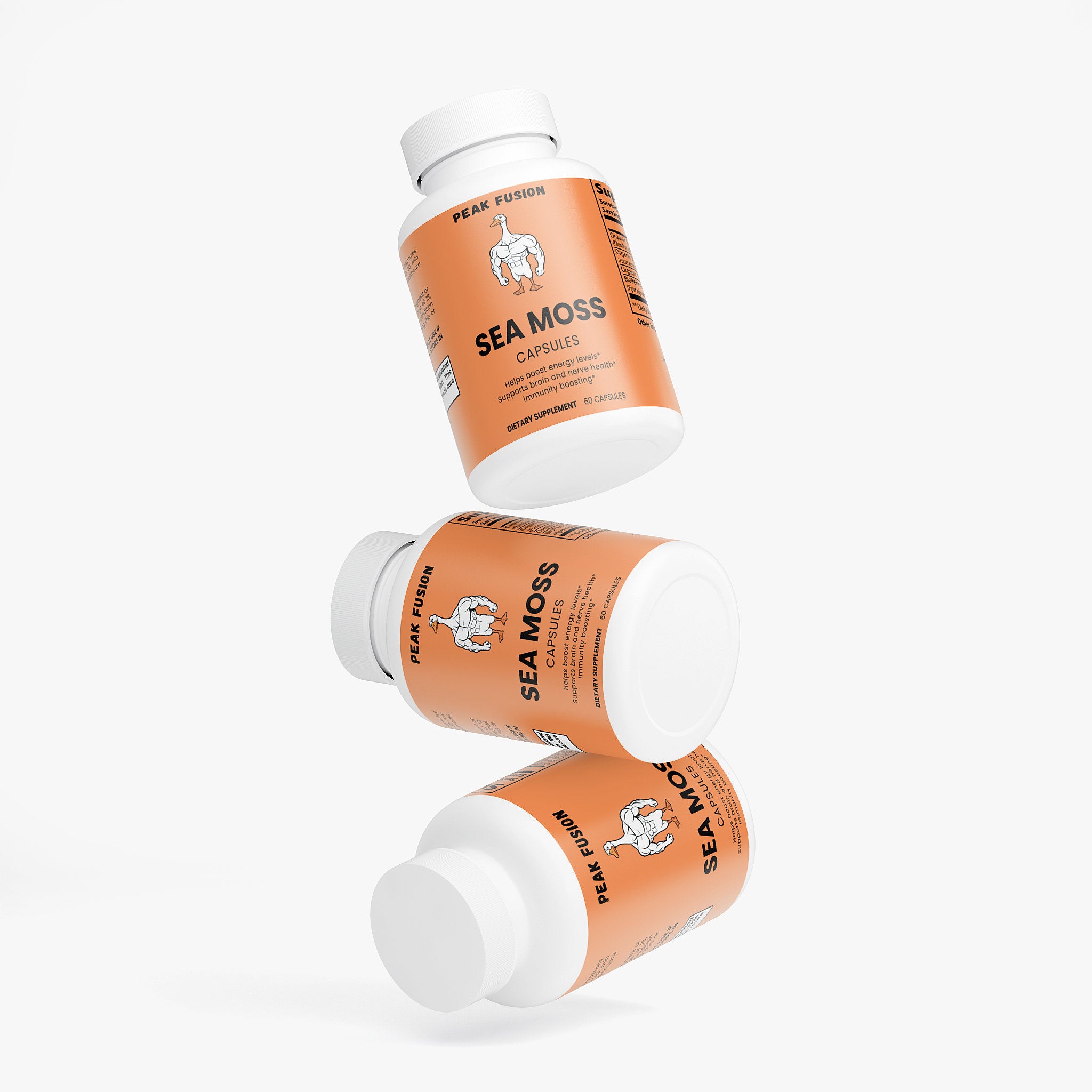 Three bottles of Sea Moss capsules on a white background