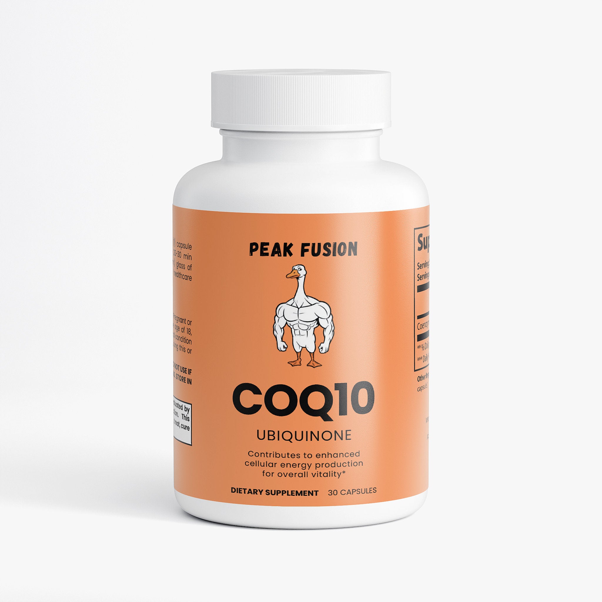 Supplement bottle labeled 'Peak Fusion COQ10 Ubiquinone' on a white background
