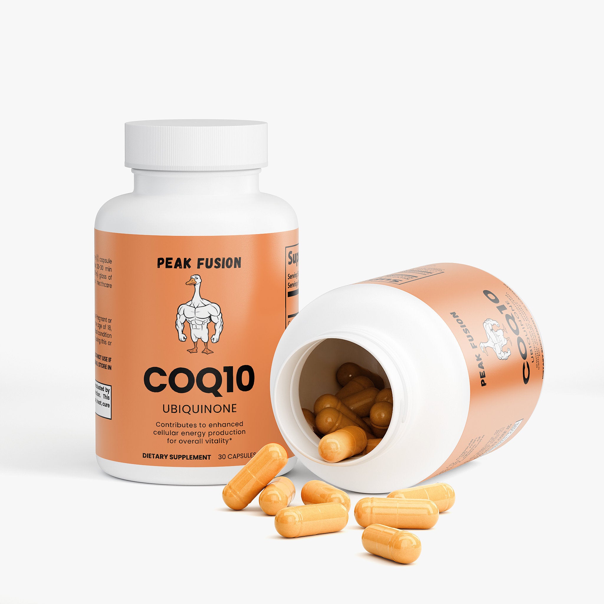 Supplement bottle labeled COQ10 with open cap showing capsules on a white background