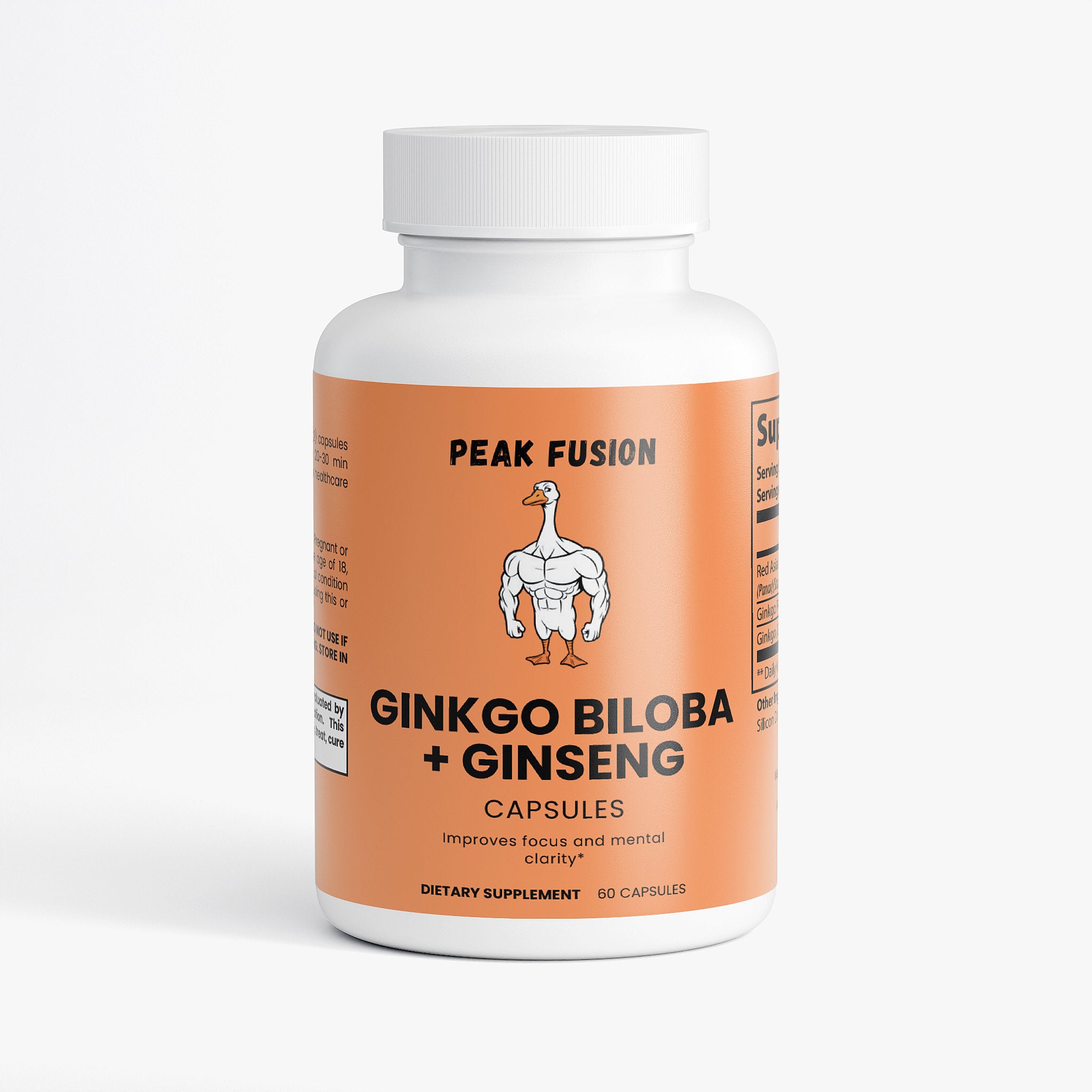 Supplement bottle labeled 'Peak Fusion Ginkgo Biloba + Ginseng' on a white background