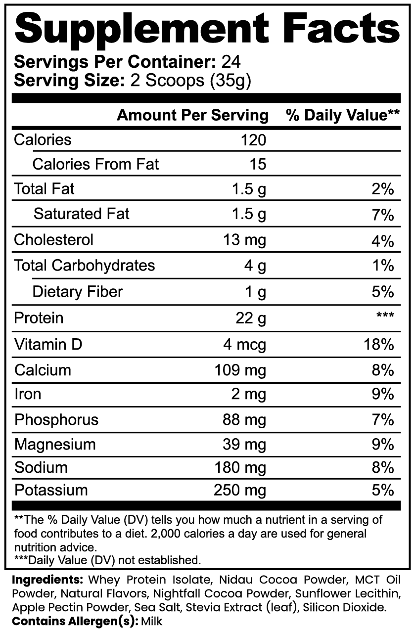 Nutrition label for a supplement showing calories, fat content, and other nutritional values per serving.