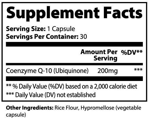 Supplement facts label for Coenzyme Q-10 with serving size, servings per container, and ingredient list.