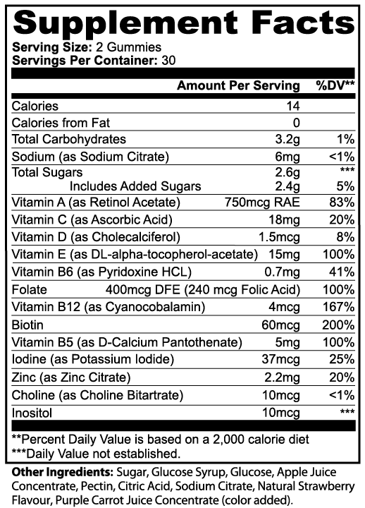 Supplement facts label for gummy vitamins with detailed nutritional information.