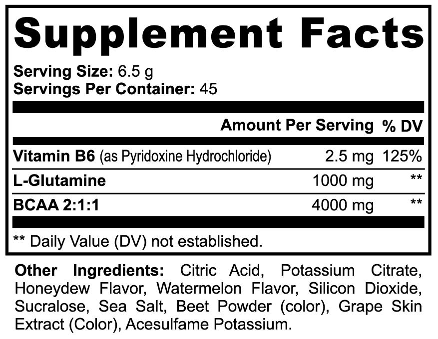 Supplement facts label with nutritional information and ingredients listed.