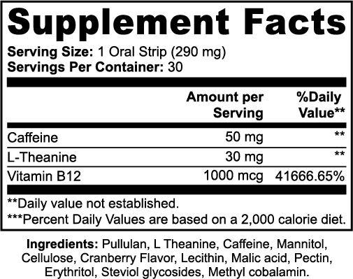 Supplement facts label with caffeine, L-theanine, and Vitamin B12 content.