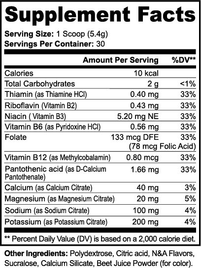 Supplement facts label with detailed nutritional information