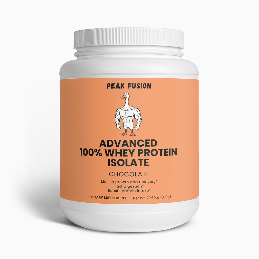 Peak Fusion Advanced 100% Whey Protein Isolate container on a white background