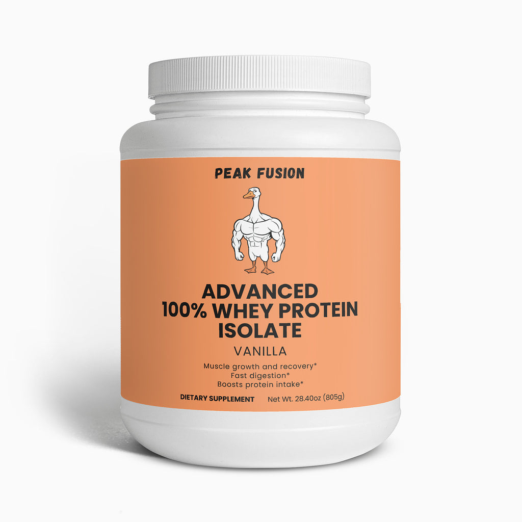 Peak Fusion Advanced 100% Whey Protein Isolate container on a white background