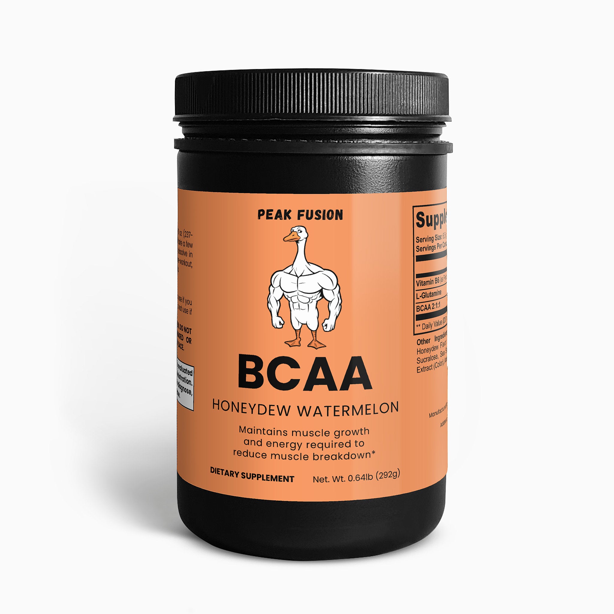 Supplement container labeled 'Peak Fusion BCAA Honeydew Watermelon' on a white background