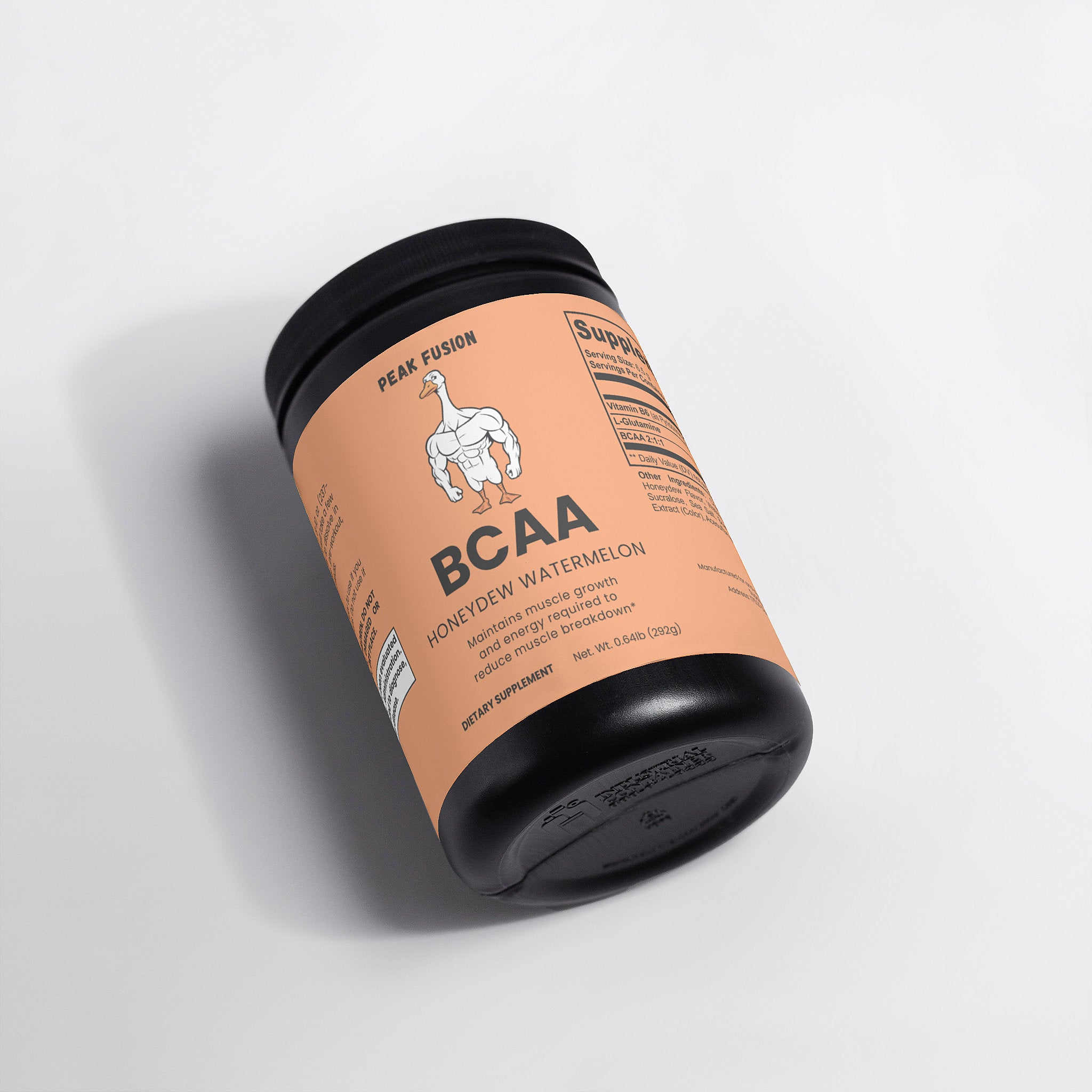 Container of BCAA supplement with a brown label on a light gray background