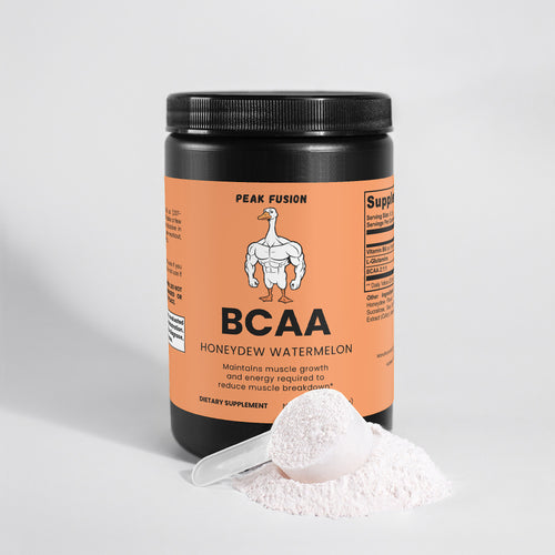 Supplement container labeled 'BCAA' with a scoop of powder on a light gray background
