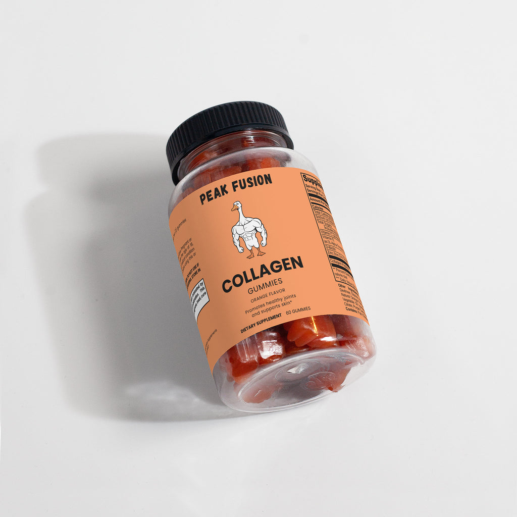 Jar of Peak Fusion Collagen Gummies on a light gray background