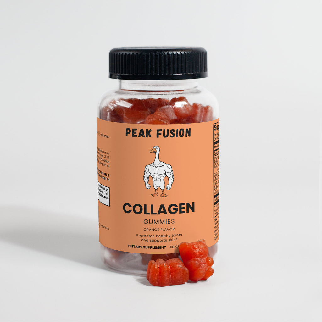 Jar of Peak Fusion Collagen Gummies on a light gray background