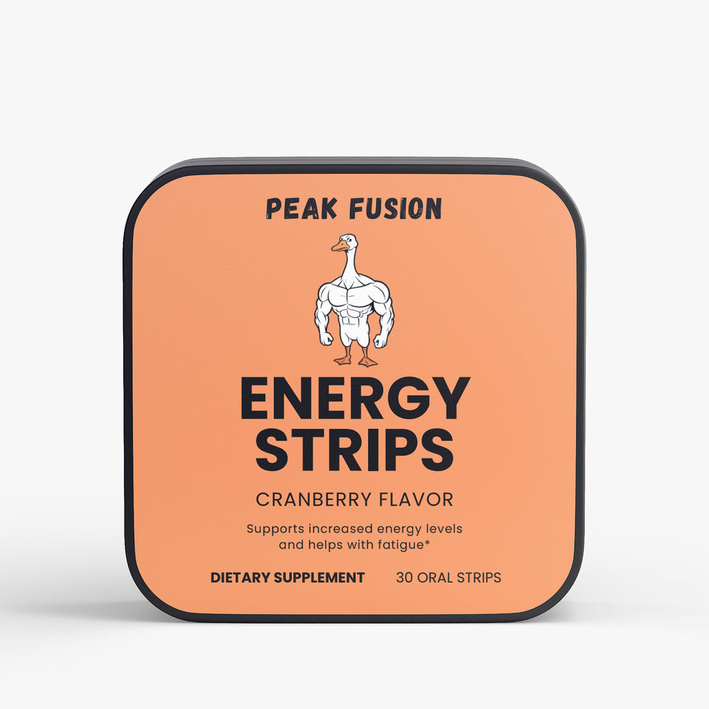 Peak Fusion Energy Strips packaging with a cartoon duck illustration on an orange background