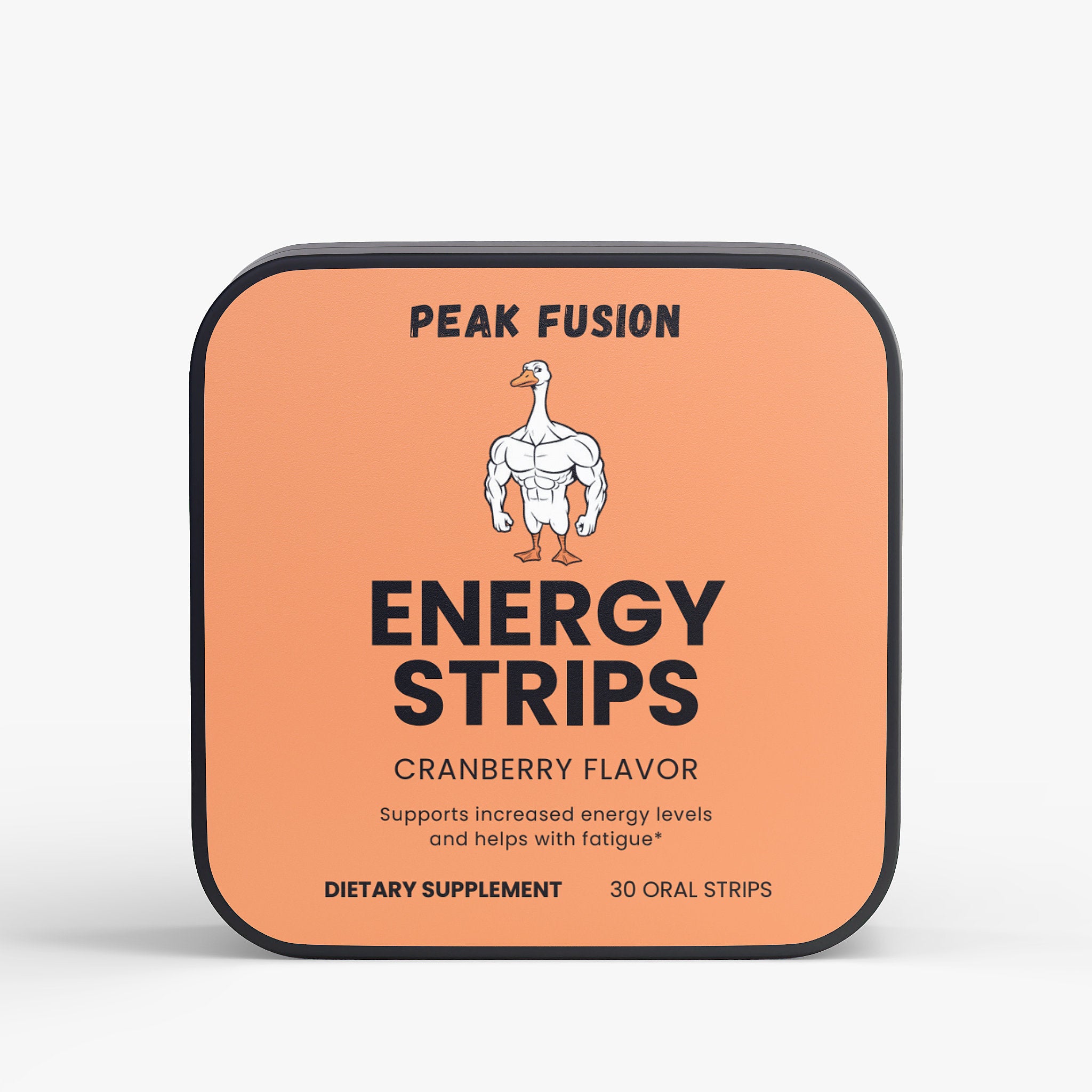 Peak Fusion Energy Strips packaging with a cartoon duck illustration on an orange background