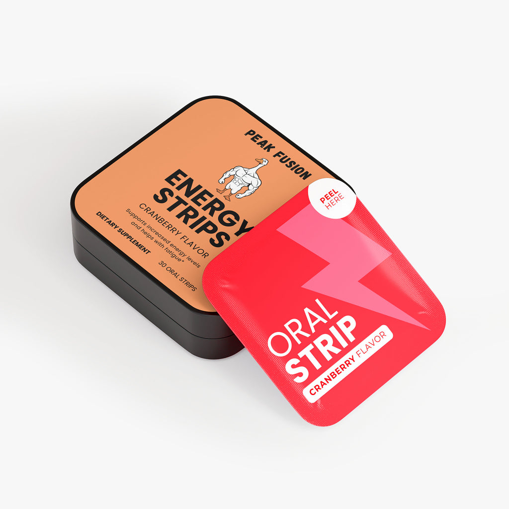 Peak Fusion Oral Strip packaging with a red strip on a white background