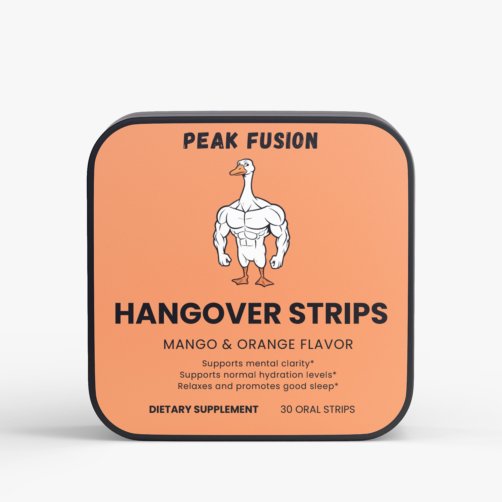 Packaging of Peak Fusion Hangover Strips with a cartoon duck illustration on an orange background.