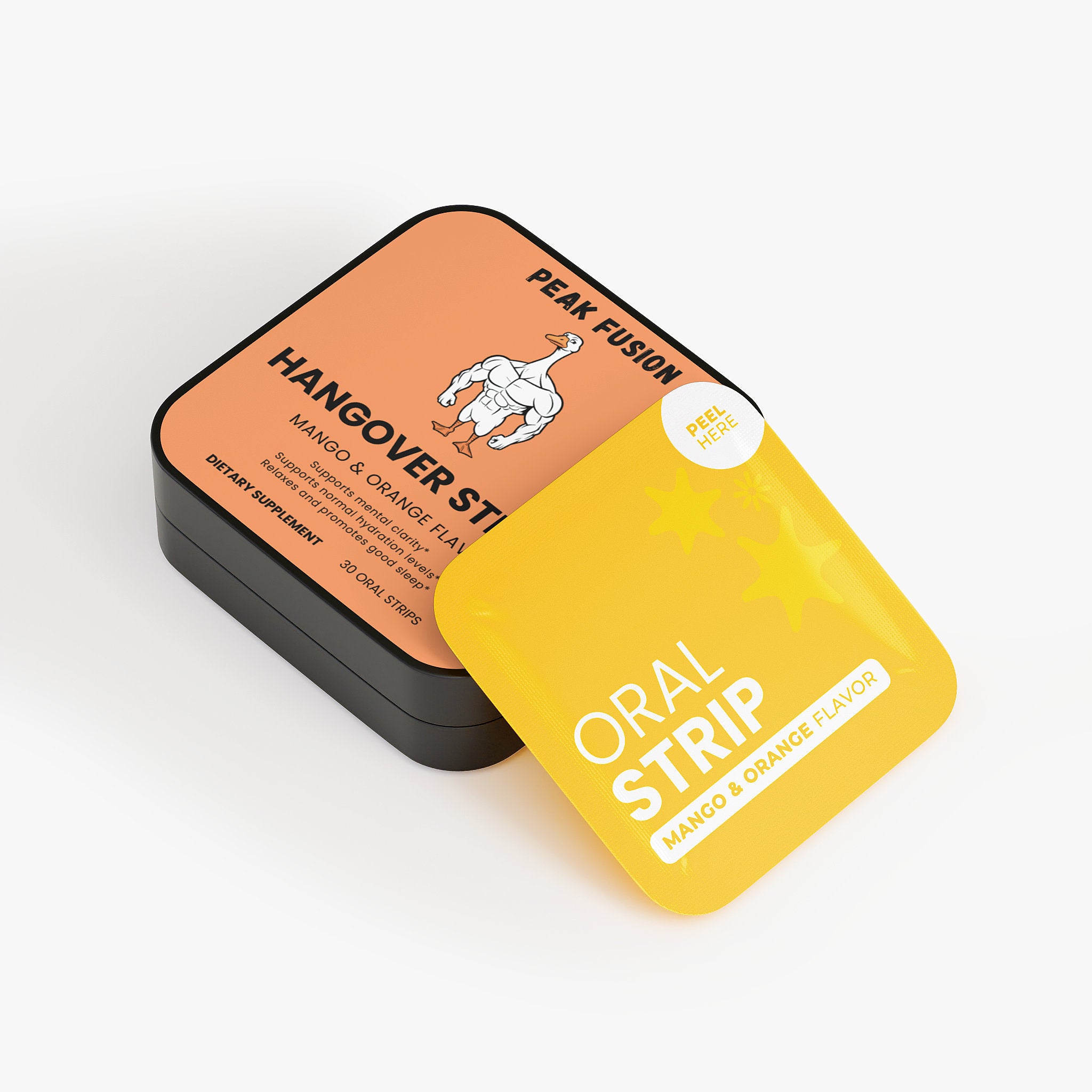 Oral strip packaging with 'Hangover St' branding on a white background