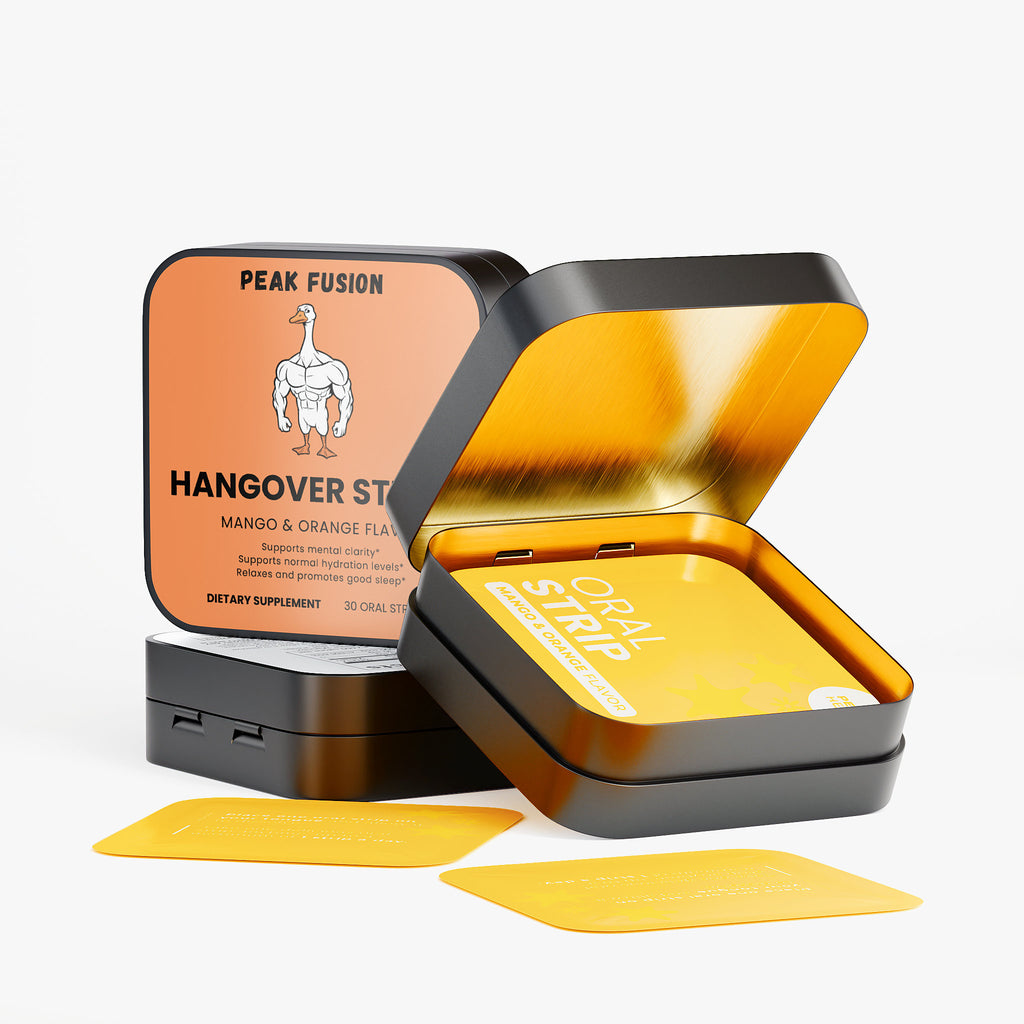Open tin containing 'Hangover Strip' dietary supplement with visible branding on a white background