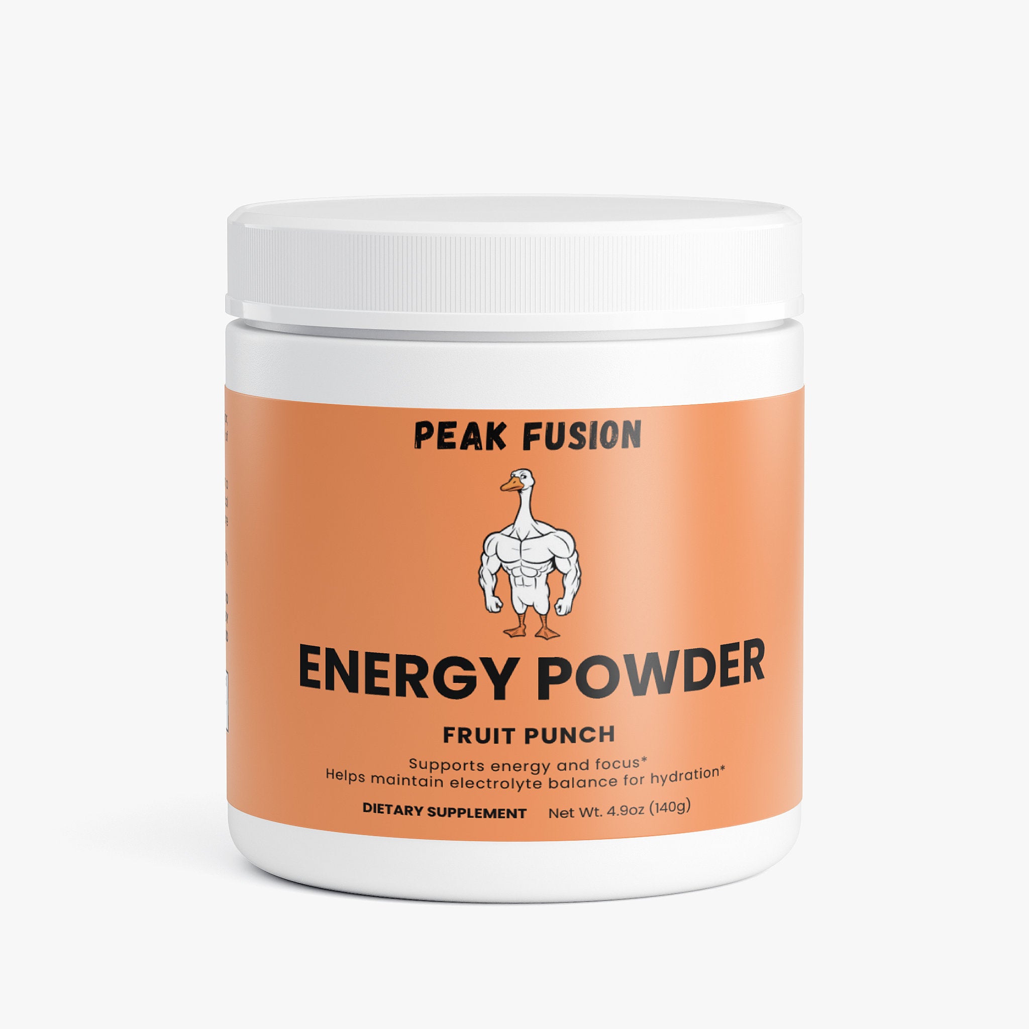 Peak Fusion Energy Powder container with orange label on a white background