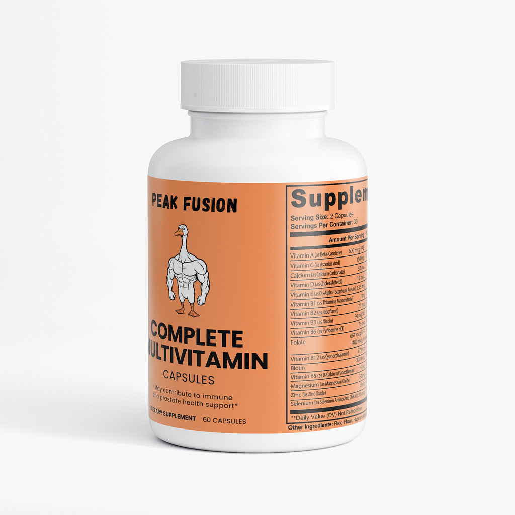 Supplement bottle labeled 'Peak Fusion Complete Multivitamin' on a white background