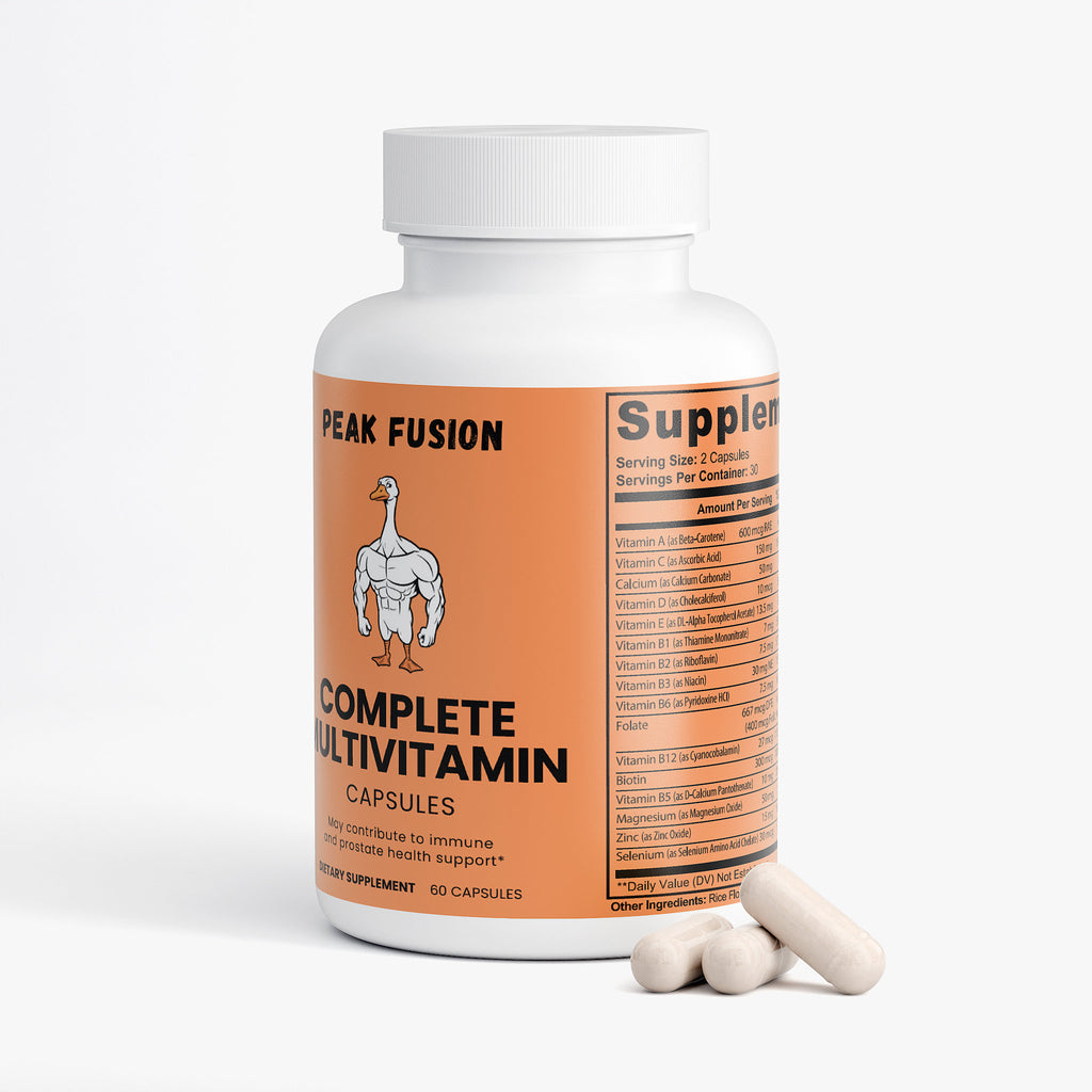 Peak Fusion Complete Multivitamin bottle with capsules on a white background