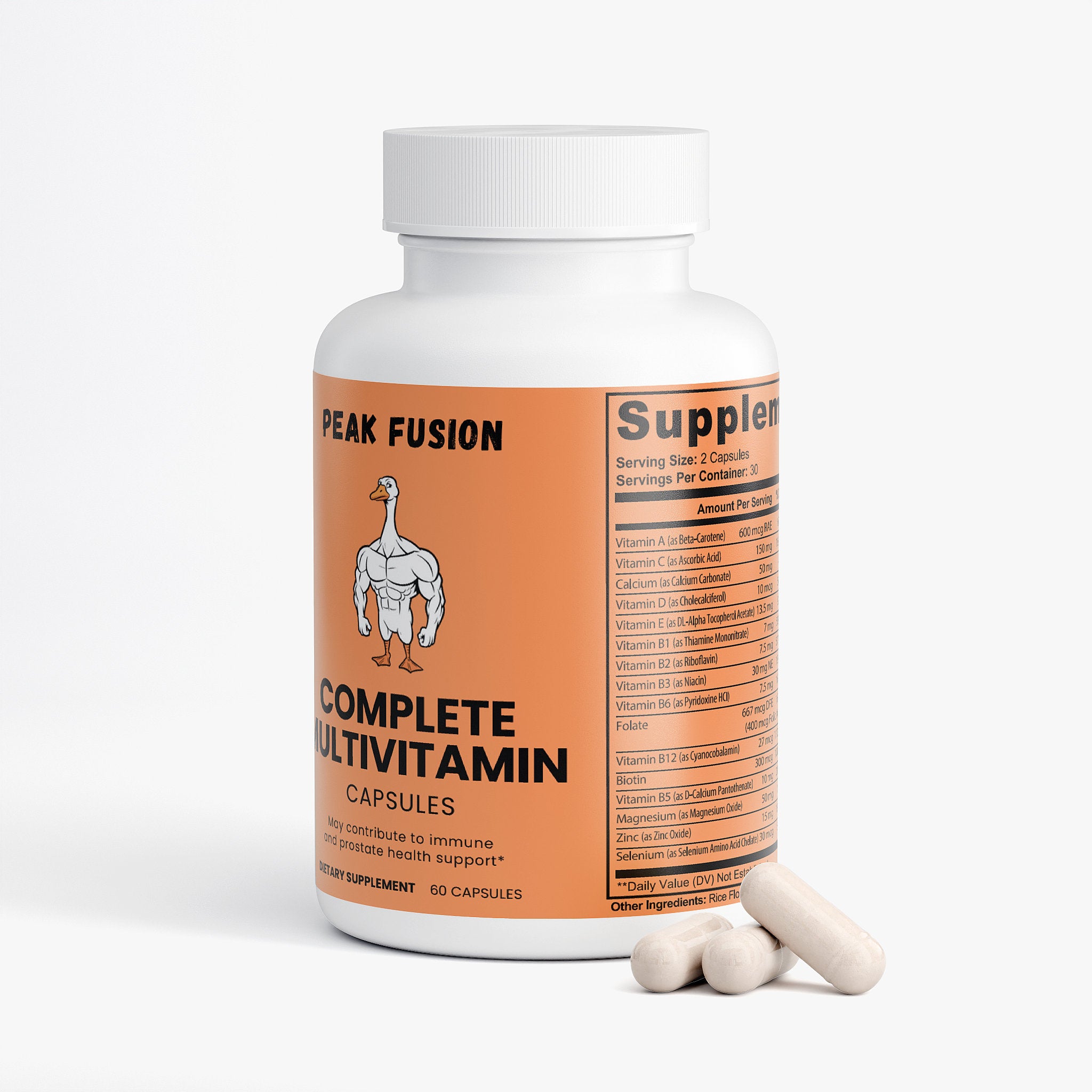 Peak Fusion Complete Multivitamin bottle with capsules on a white background