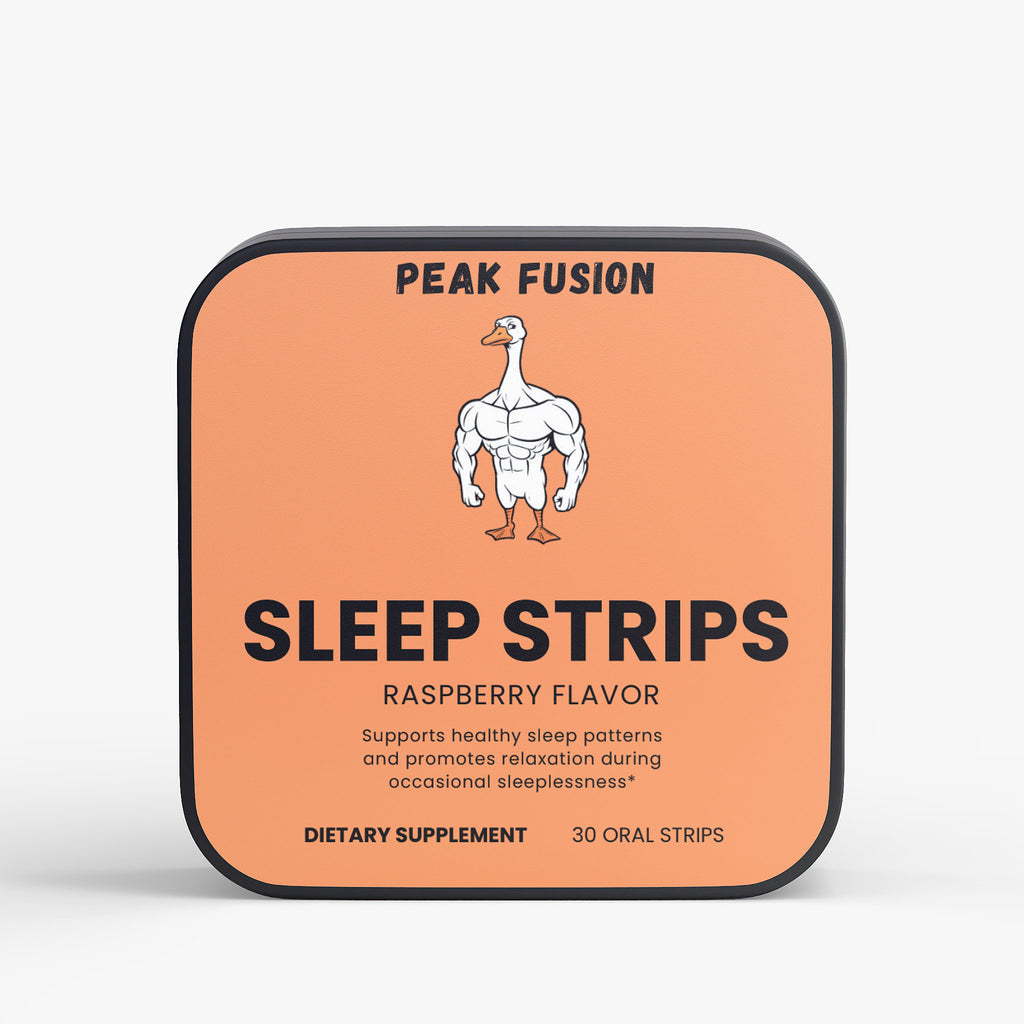 Packaging of Peak Fusion Sleep Strips with a cartoon duck illustration on an orange background.