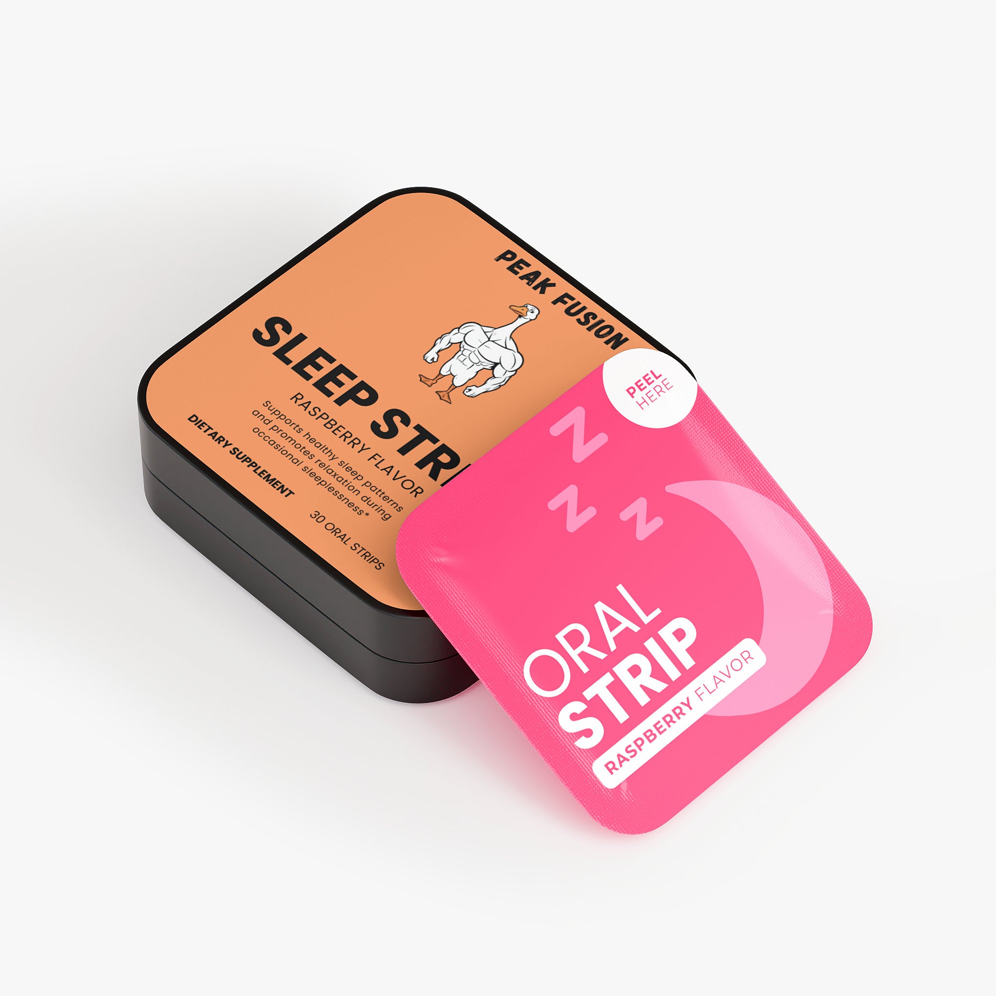 Two containers, one orange and one pink, labeled 'Sleep Strips' and 'Oral Strip' on a white background.