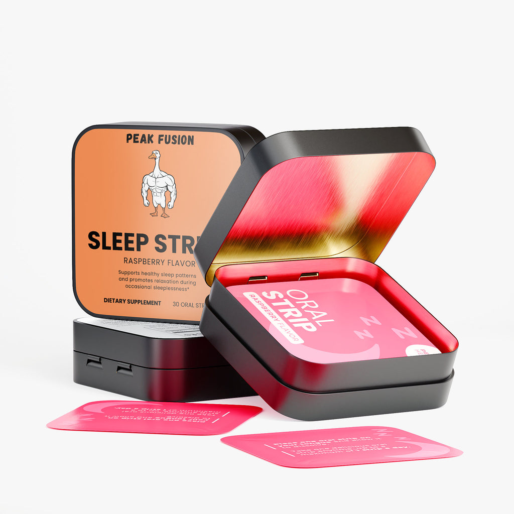 Peak Fusion Sleep Strip packaging with pink strips on a white background