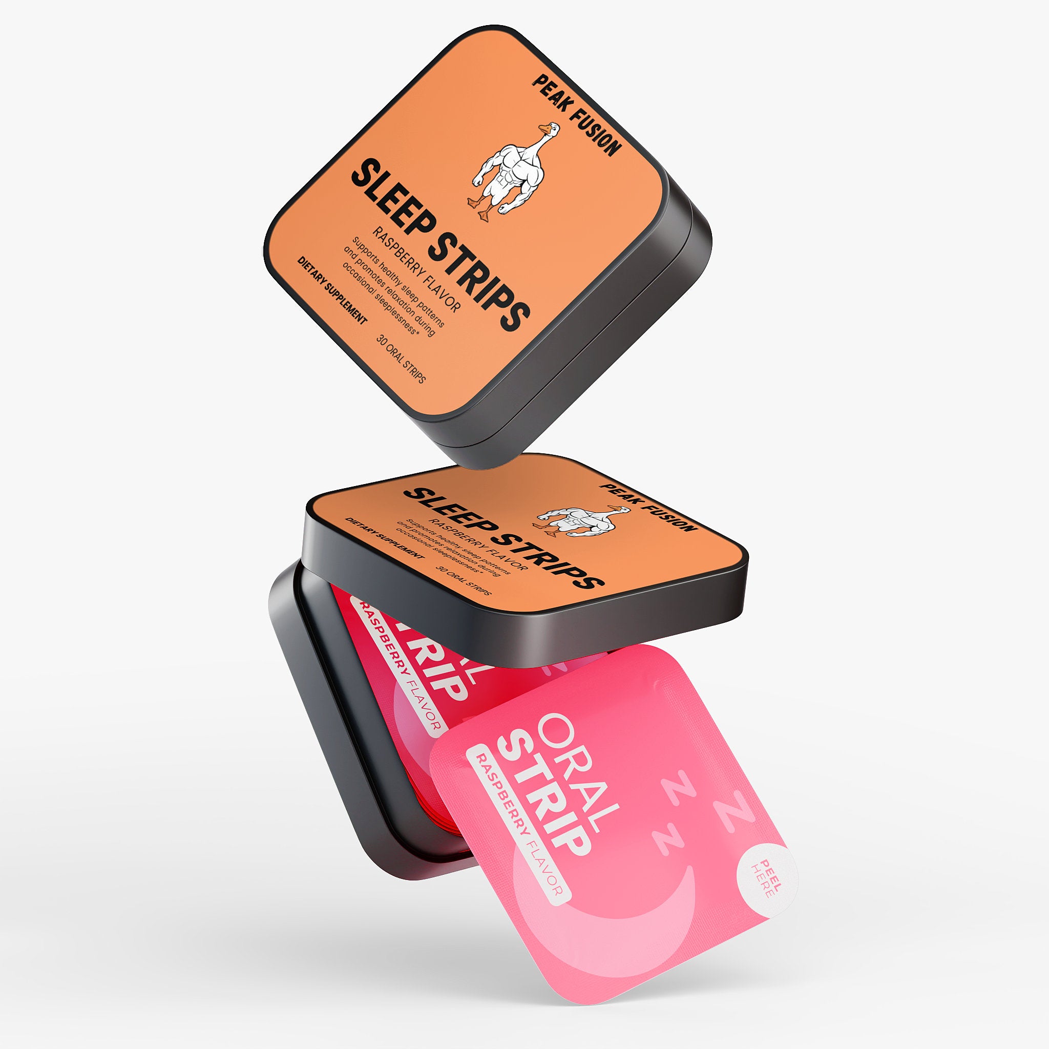 Sleep strips packaging with orange and black box and pink strip on a white background