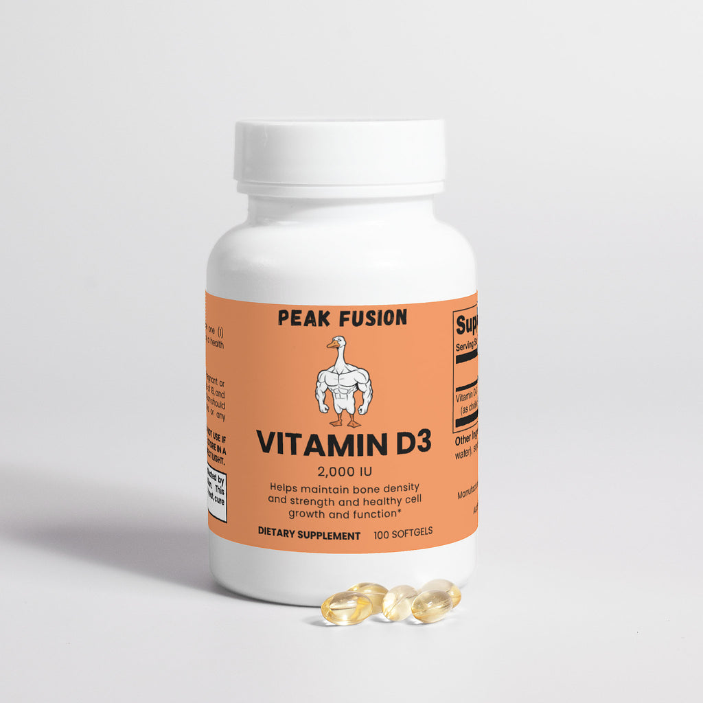 Peak Fusion Vitamin D3 supplement bottle with capsules on a light gray background