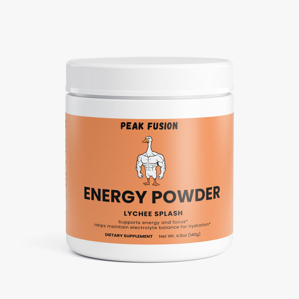 Energy powder container with 'Peak Fusion' branding on a white background