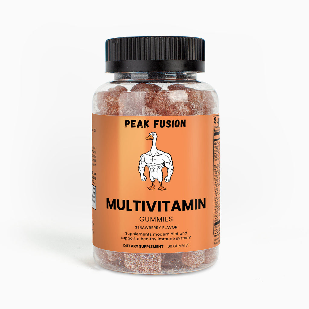 Multivitamin gummies in a jar with an orange label on a white background