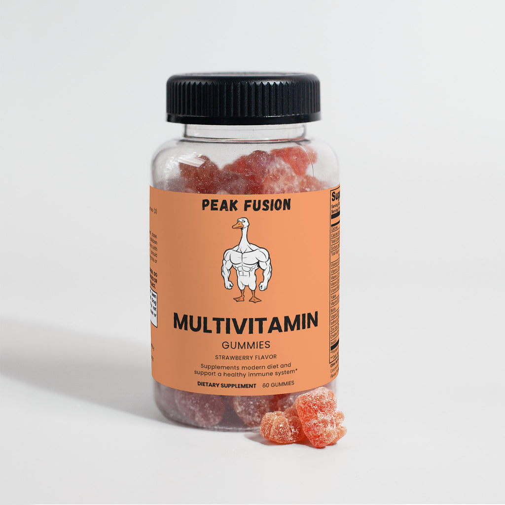 Multivitamin gummies in a Peak Fusion container on a light gray background