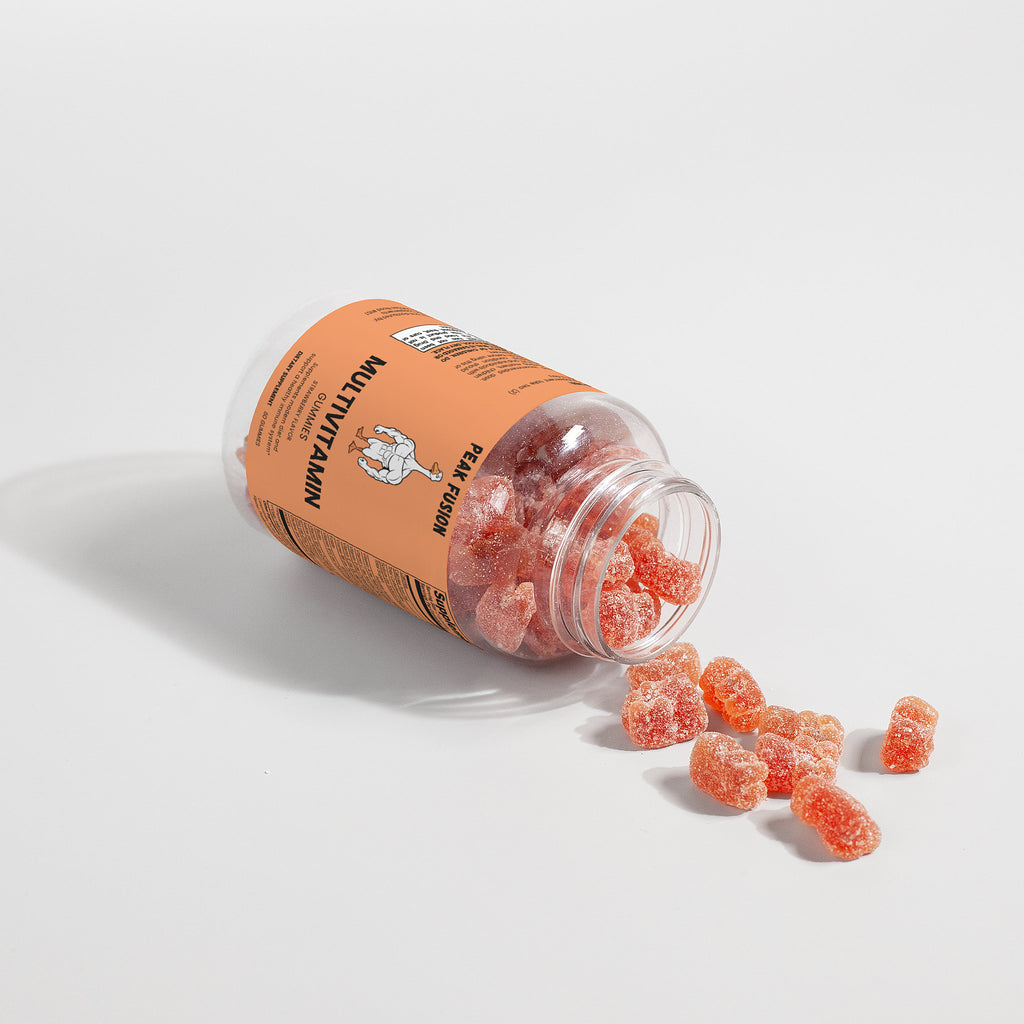 Jar of gummy bears with an orange label on a white background