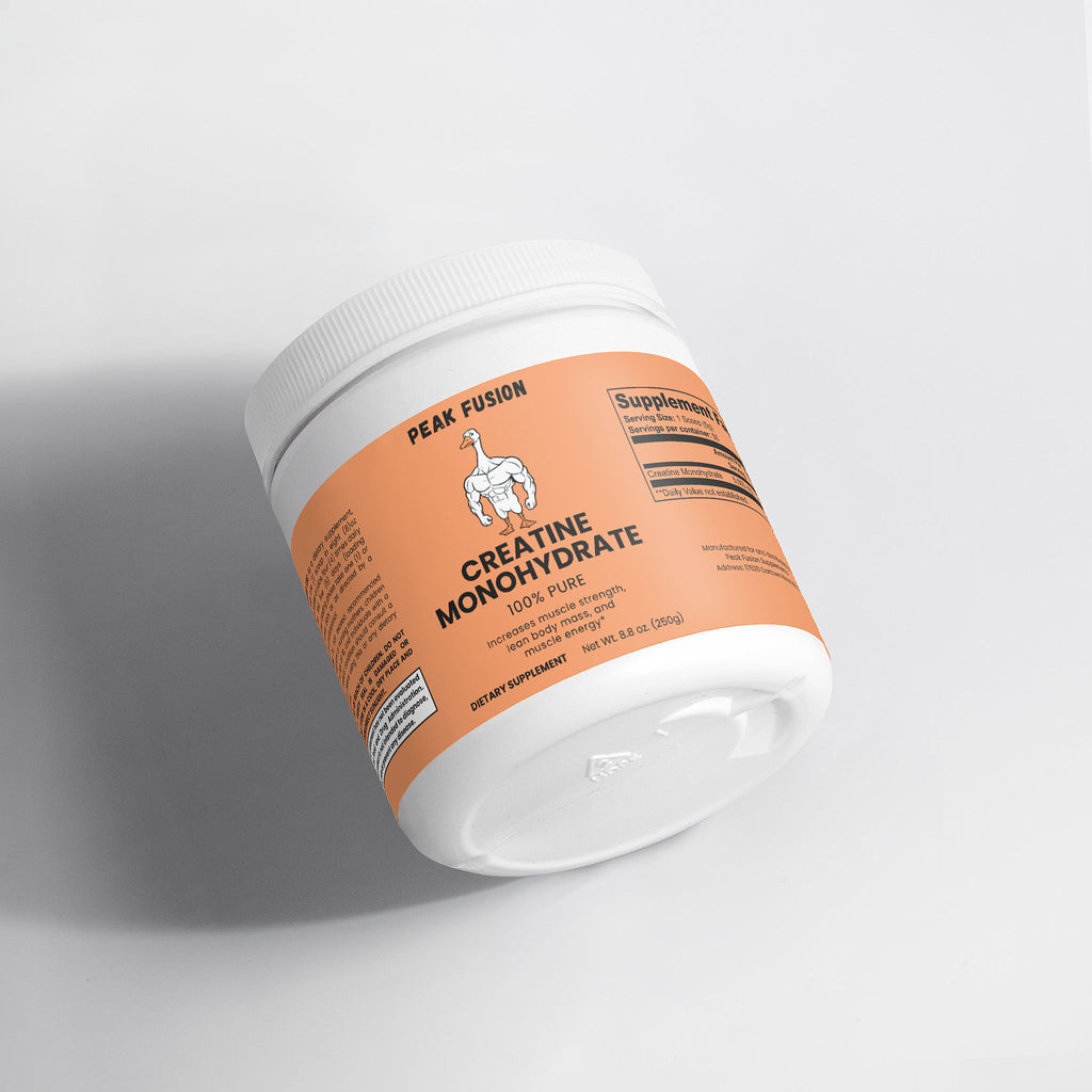 Supplement container labeled 'Creatine Monohydrate' on a light gray background