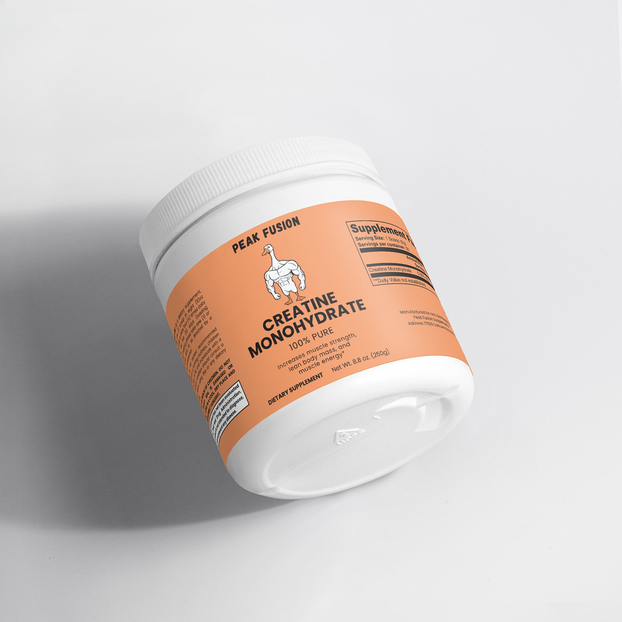 Supplement container labeled 'Creatine Monohydrate' on a light gray background