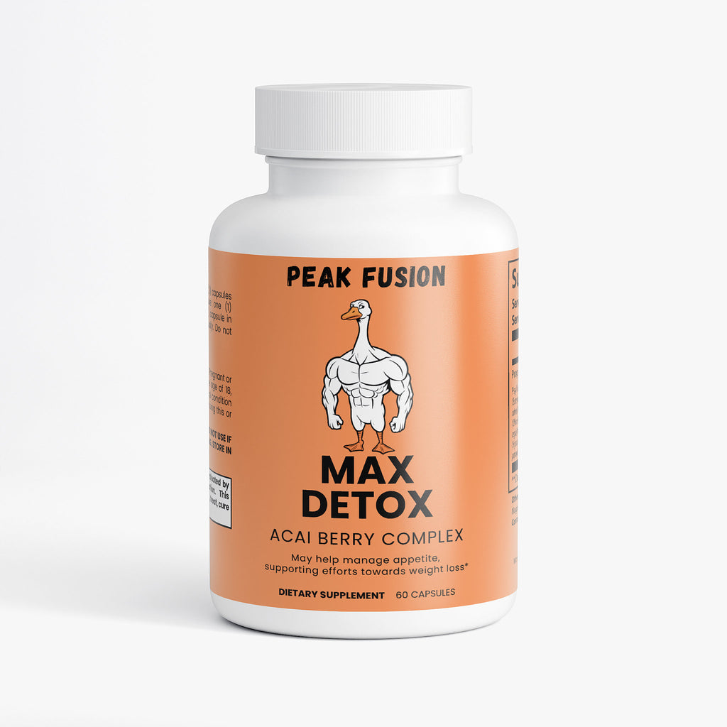Supplement bottle labeled 'Peak Fusion Max Detox' on a white background